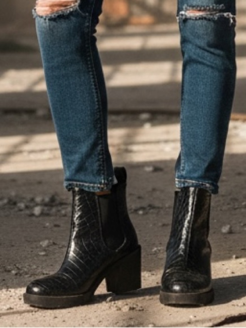 ASOS Monkl Booties 7 Black Faux Leather Croc Patent Chelsea Boot Block Chunky